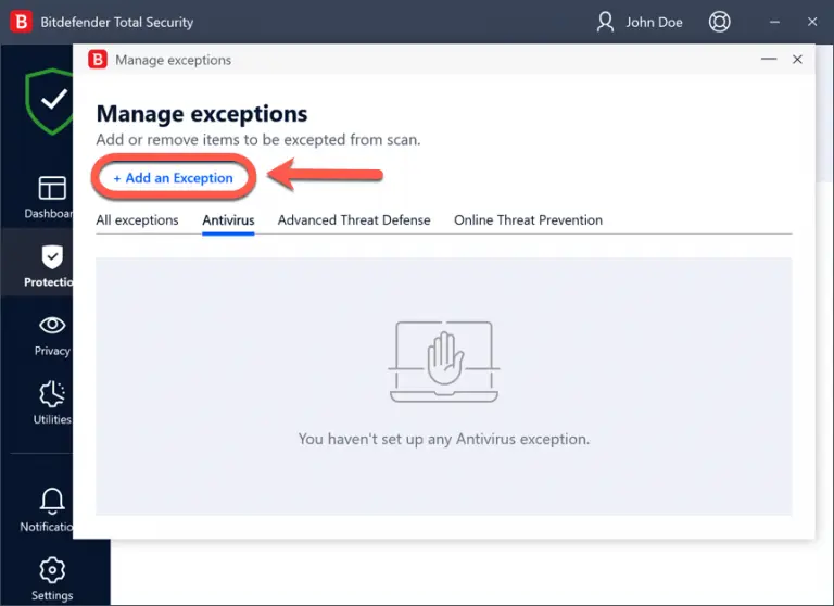 click +Add an Exception button