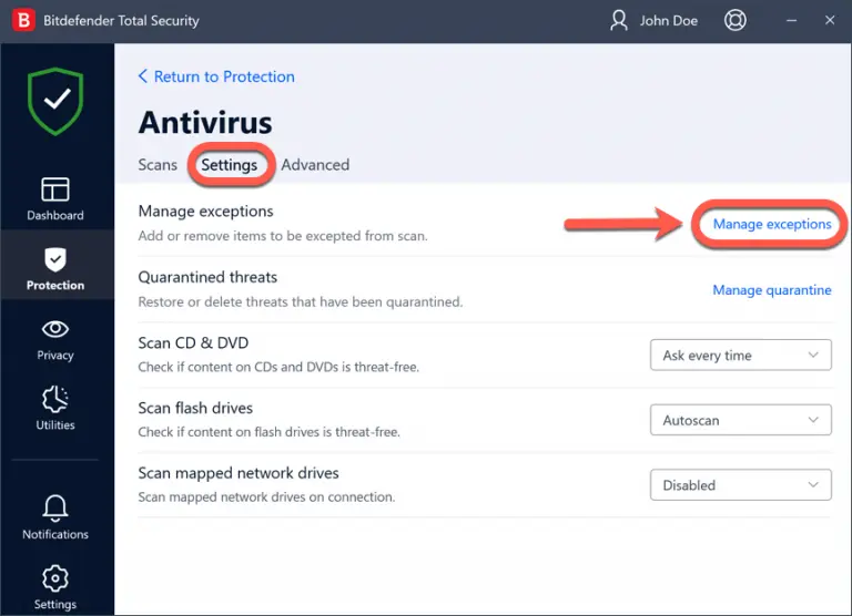 click Settings tab and hit Manage Exceptions