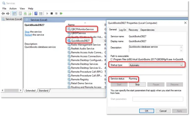 Search QuickBooksDBXX service 