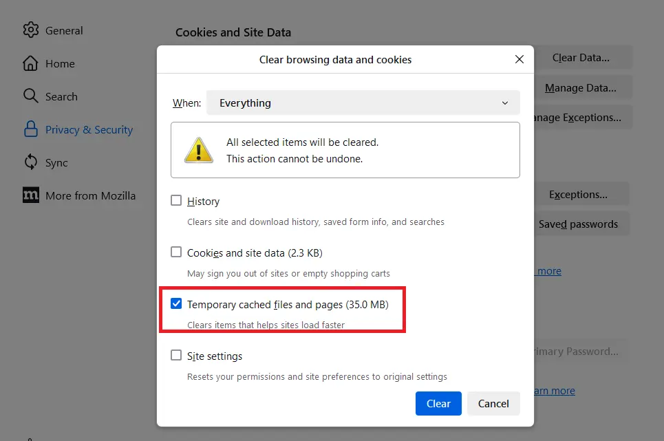 Clear browsing data and cookies window