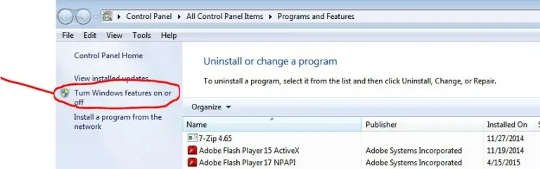 Turn Windows features on or off option