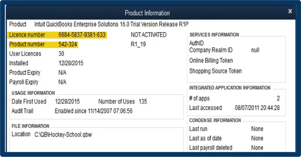 Product Information window