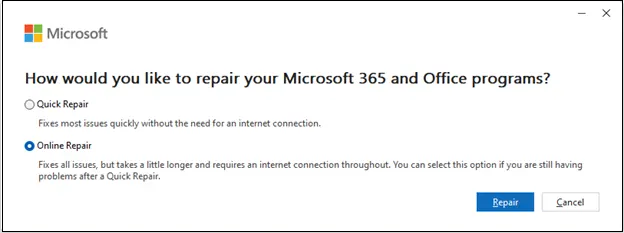 Repair the Microsoft Outlook